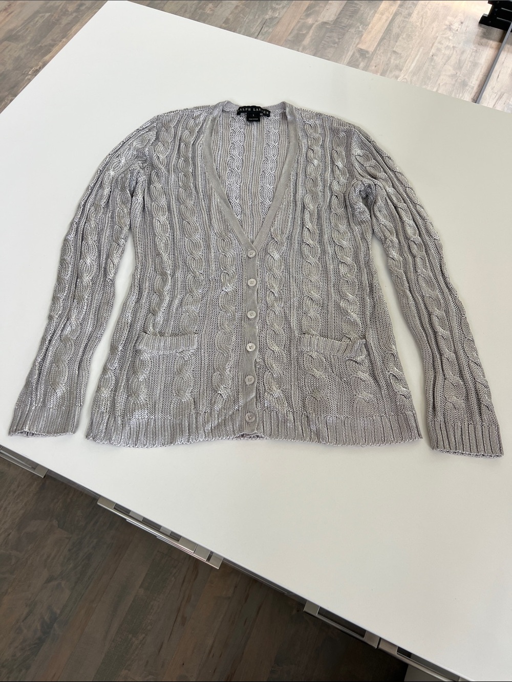 Ralph Lauren black label silver metallic cardigan long sleeve v-neck sweater L